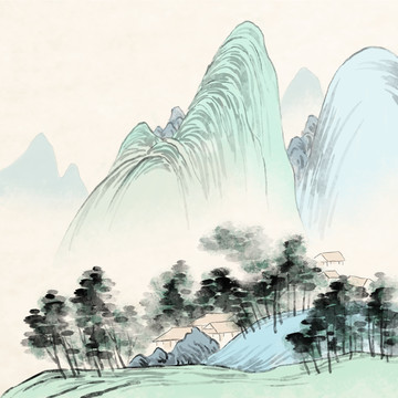 青绿重彩山水装饰无框手绘中国画