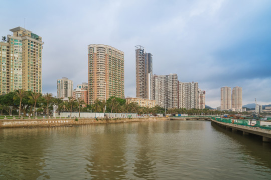 珠海和澳门的城市建筑天际线风光