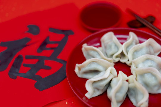 春节年味饺子红色背景