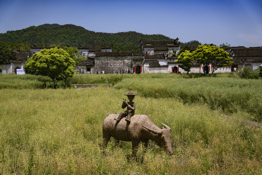 安徽西递草地放牛雕像