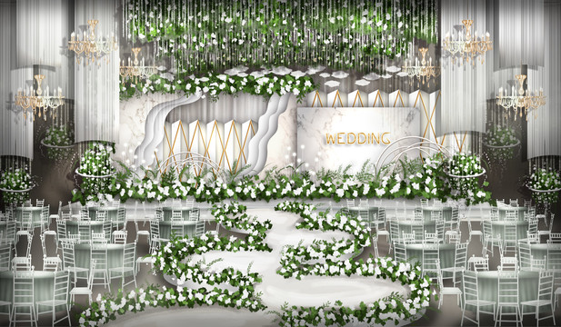 白绿弧形层次婚礼主背景效果图