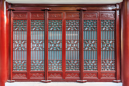 中式红色实木隔扇窗