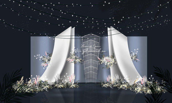 莫兰迪雾霾蓝手绘婚礼背景