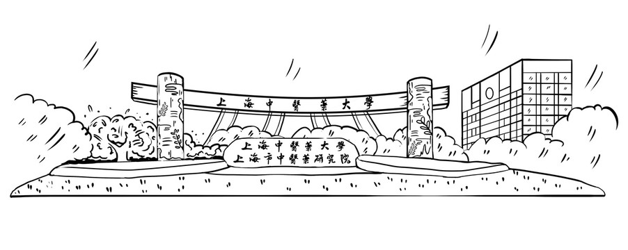 上海中医药大学建筑地标手绘线稿