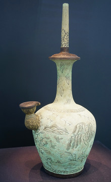 韩国文物青铜入丝蒲柳水禽文净瓶