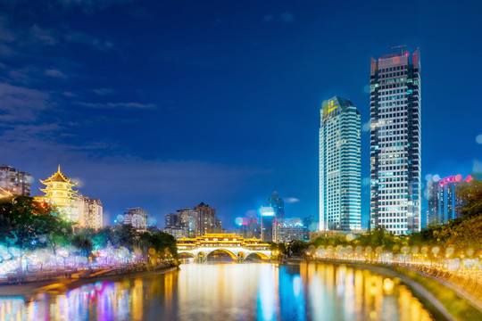 成都南河安顺廊桥与城市建筑夜景