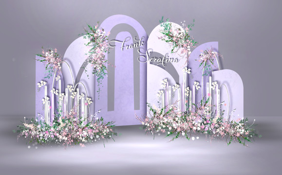 紫色户外婚礼合影迎宾区