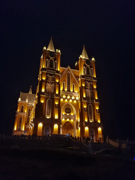 欧式教堂夜晚灯光