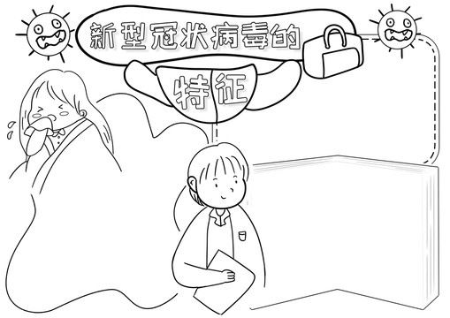 新型冠状病毒的特征黑白线描小报