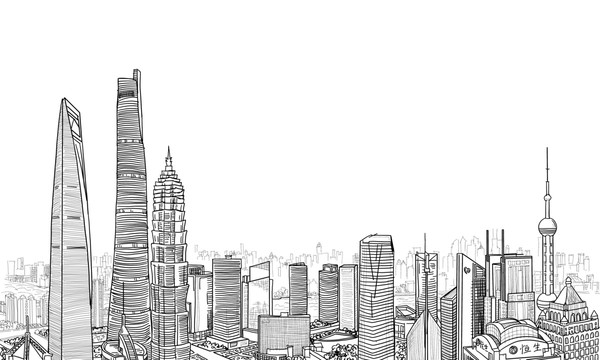 现代城市上海陆家嘴手绘素描