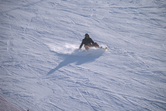 滑雪道下坡滑倒扬起雪粉的滑雪者