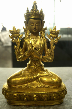 清代藏传佛教铜鎏文殊菩萨像