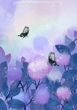 蝴蝶飞舞的紫色绣球花丛