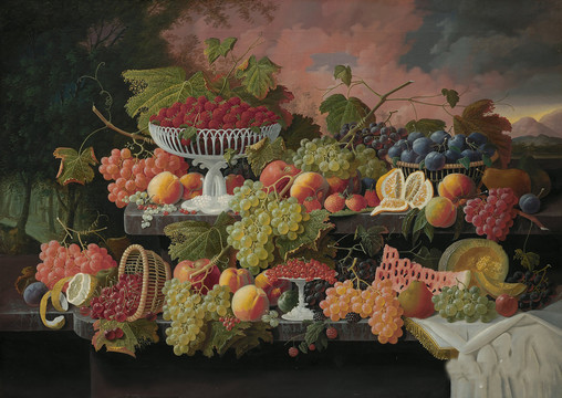 塞维林·罗森  静物水果和日落景观