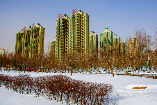 恒大绿洲高层住宅建筑群与雪景