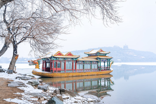 冬雪颐和园昆明湖上停泊的龙船