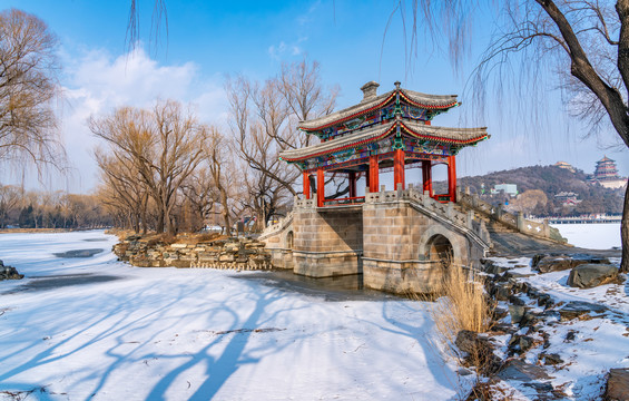 冬季雪后北京颐和园柳桥