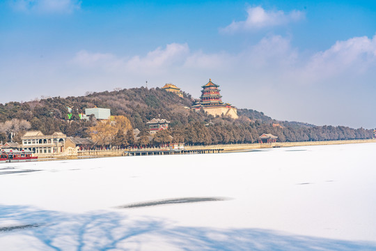 北京颐和园冬季雪后全景