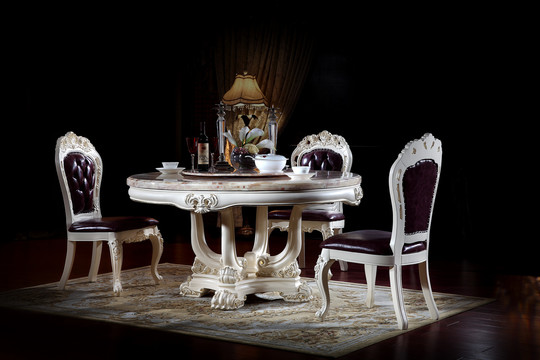 欧式实木白餐桌椅紫色真皮
