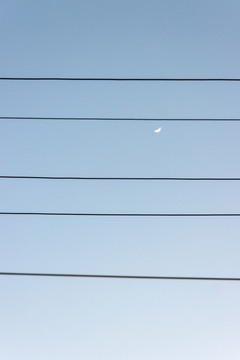 蓝天下有电线前景的初升月亮