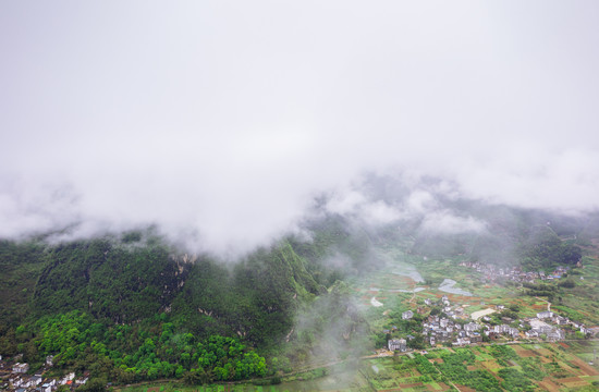 云雾缭绕下的田园风光