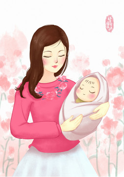 母亲节插画抱婴儿的母亲