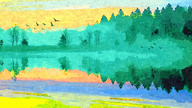 湖畔风景艺术画