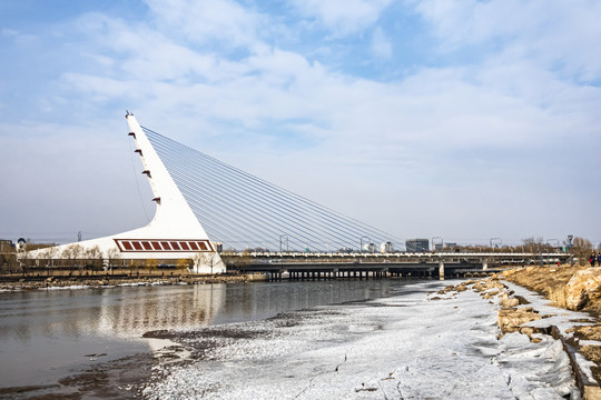 冰雪融化的中国长春伊通河景观