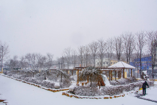 树林廊亭花园与人行小路雪景