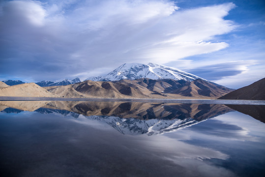 慕士塔格峰在卡拉库里湖中倒影