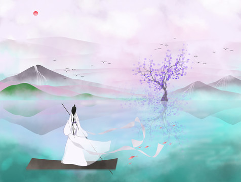 古风山水画游湖赏花