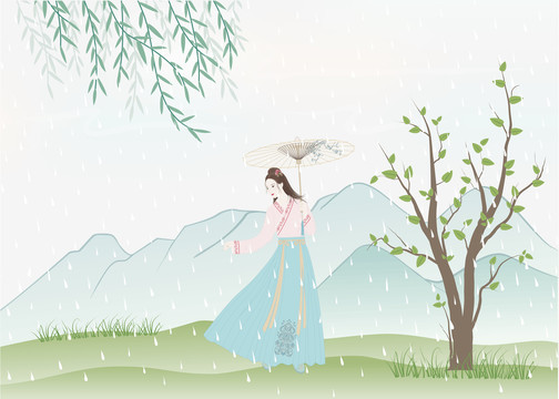 24节气雨水谷雨汉服美人插画