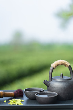 户外茶道茶文化绿色背景