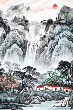 新中式国画山水工笔画玄关装饰画