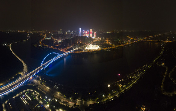 南宁大桥广西五象新区航拍夜景灯