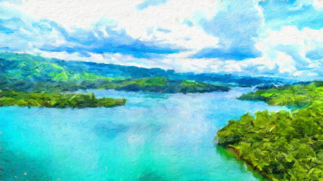 湖泊油画