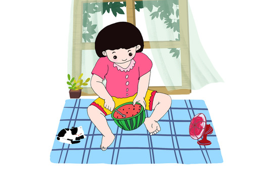 手绘卡通女孩夏天吃西瓜