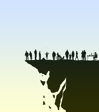 一群人站在摇摇欲坠的悬崖上
