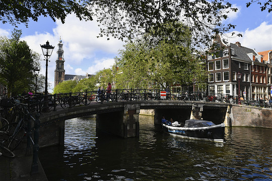 荷兰阿姆斯特丹拱桥下的摩托艇