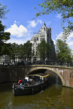 荷兰阿姆斯特丹大桥下的旅游船