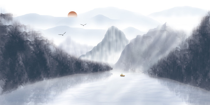 中式水墨山水背景意境风景山水画