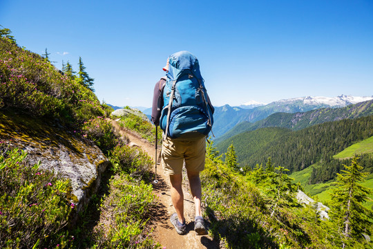 在夏季山区徒步旅行的背包客