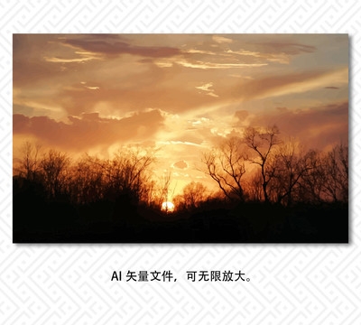 夕阳风景油画矢量