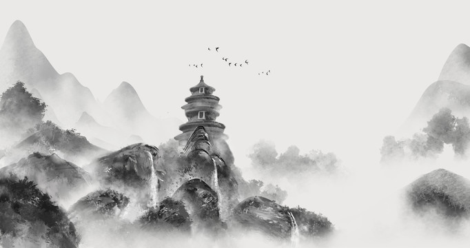 手绘中国风意境水墨山水画