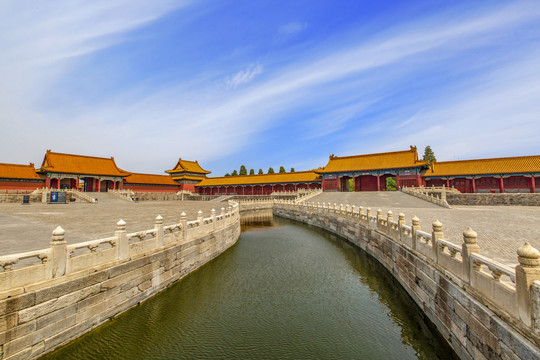蓝天白云下的北京故宫内金水桥