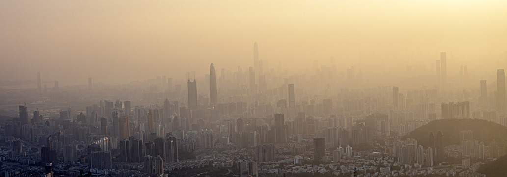 深圳市傍晚余晖中的城市全景图