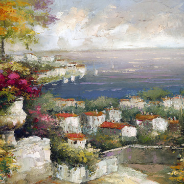 地中海风花园景油画