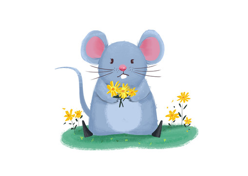 可爱卡通捧着花的灰老鼠