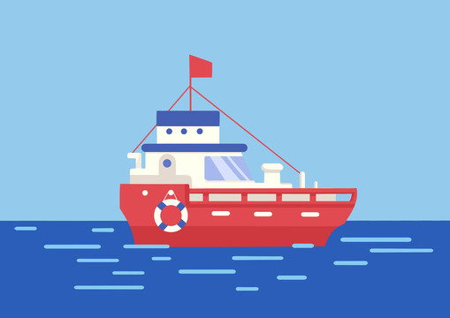卡通蓝色大海上漂浮的红色游轮
