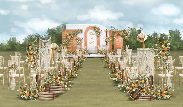 莫兰迪橙色秋色户外婚礼舞台设计